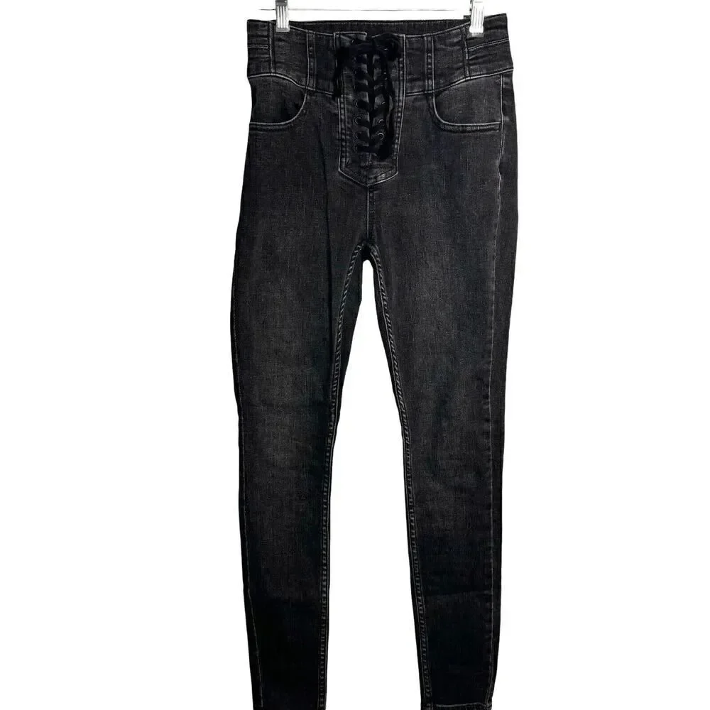 We the FREE PEOPLE Womens Curvy Lovers Knot Lace Up Black Skinny Jeans Size 25